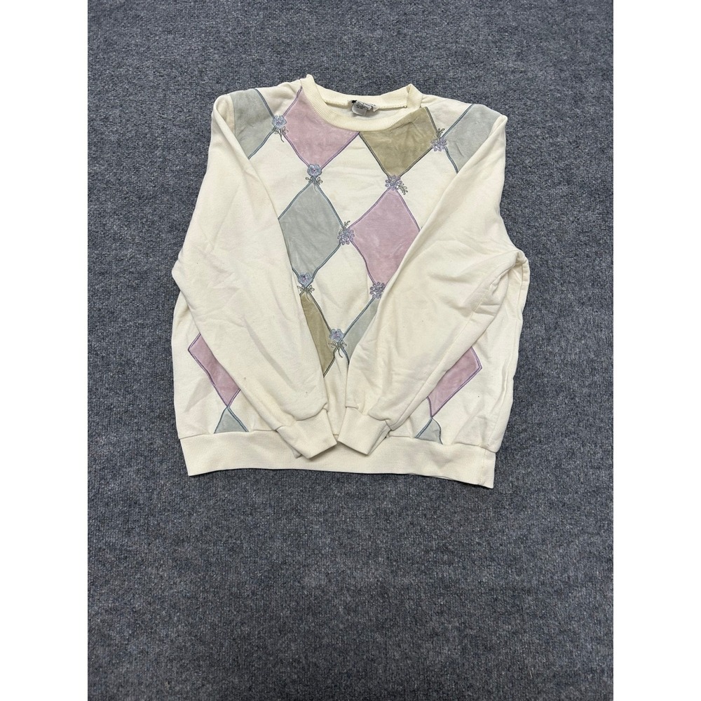 Alfred Dunner Sweatshirt Womens Large Cream Argyle Pastel Velvet Patch Vintage